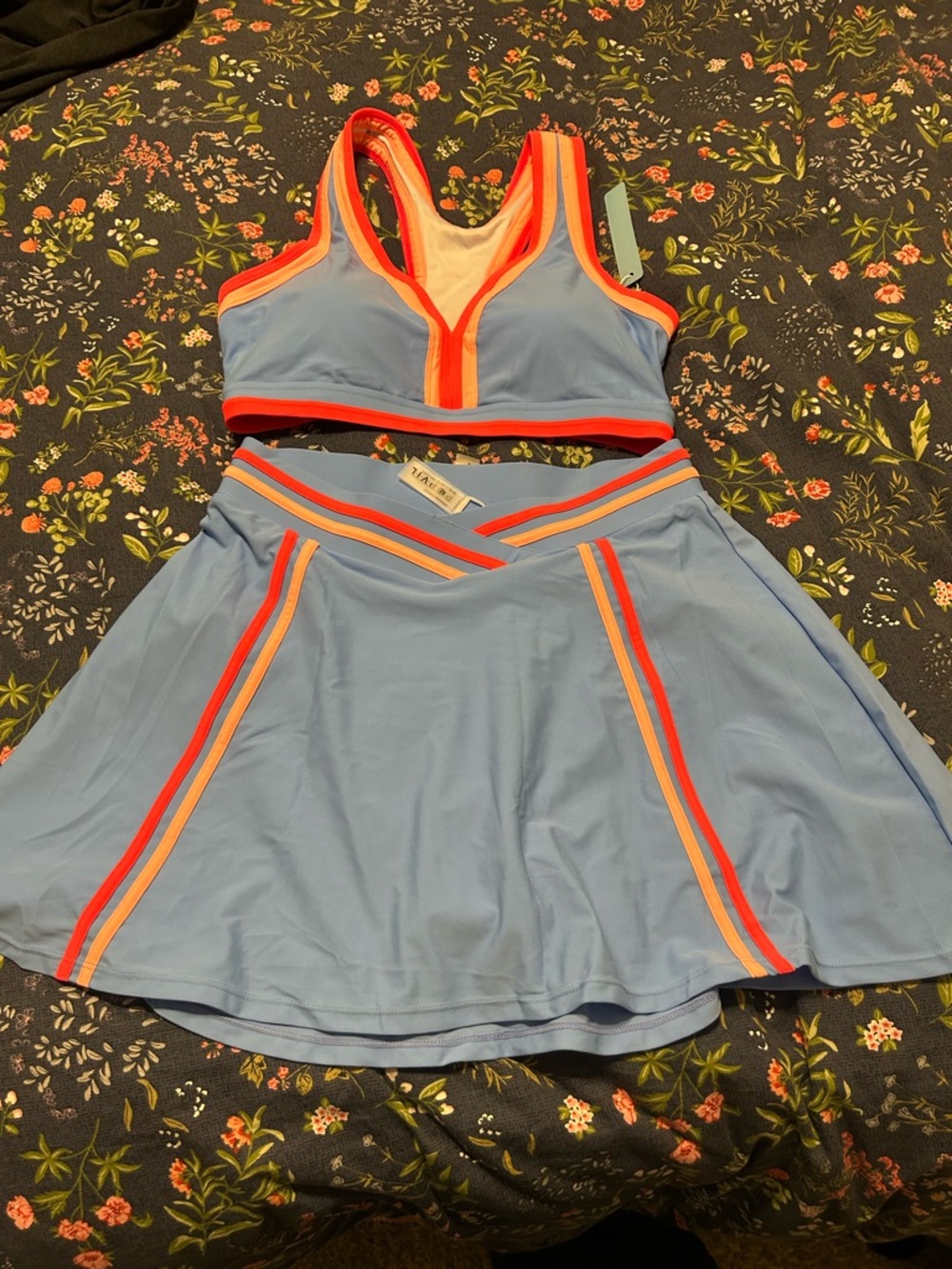 Blue High-Waist Two-Piece Swim Set with Coral Trim - Picture 3 of 8
